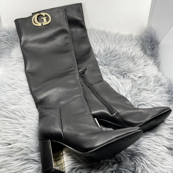 Guess Elandre Black Leather Over the Knee Heeled Gold Signature Boots 5.5 NEW - Picture 4 of 9